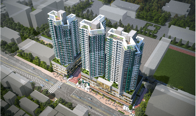 현대적인 주상복합 건물의 항공뷰, 상업 공간과 주거 공간이 조화를 이루며 도시의 중심가에 위치. 주변 녹지와 도로가 잘 연결되어 있는 모습.