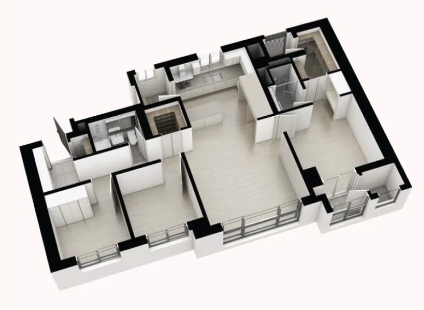 3D 아파트 평면도, 넓은 거실과 주방, 여러 개의 방이 포함되어 있으며 현대적인 디자인을 특징으로 함.