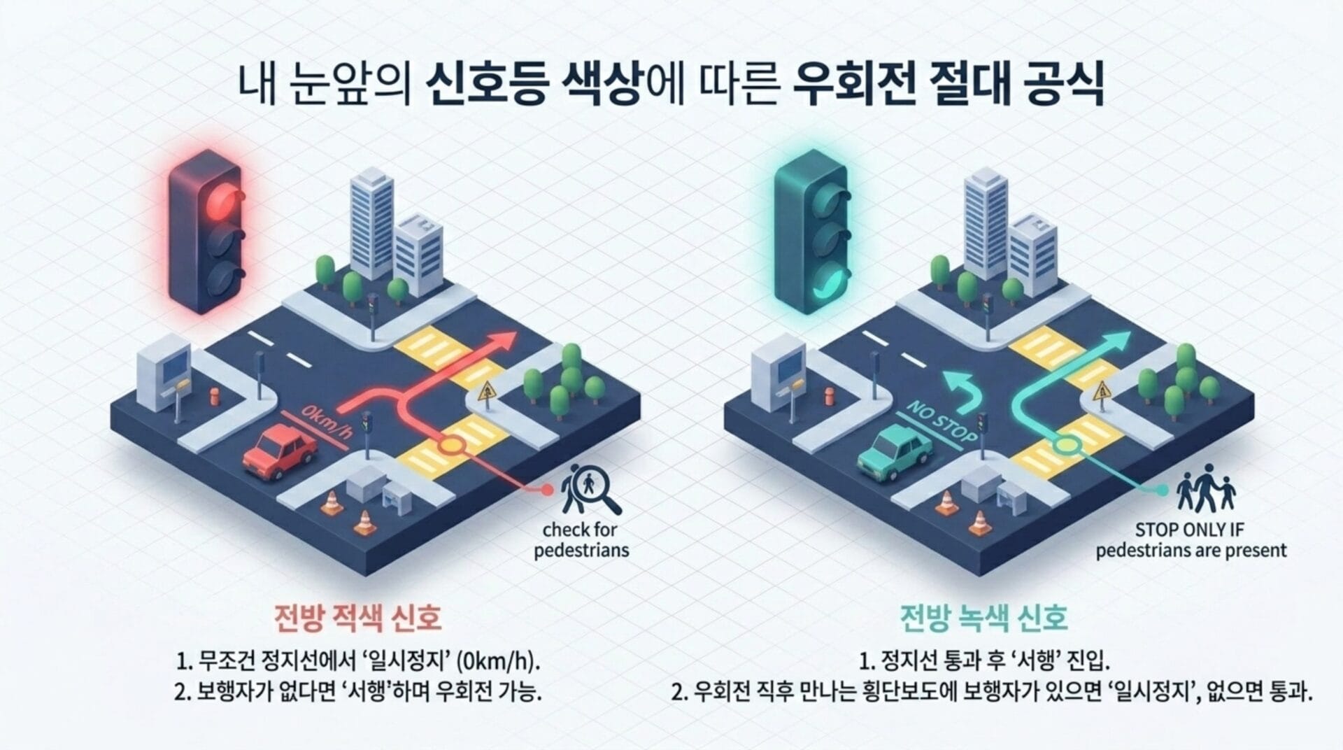 신호등 색상에 따른 교통 신호 규칙을 설명하는 인포그래픽. 왼쪽은 적색 신호에서의 정지 및 보행자 확인 절차, 오른쪽은 녹색 신호에서의 진행 및 보행자 유무에 따른 통행 규칙을 나타냄.