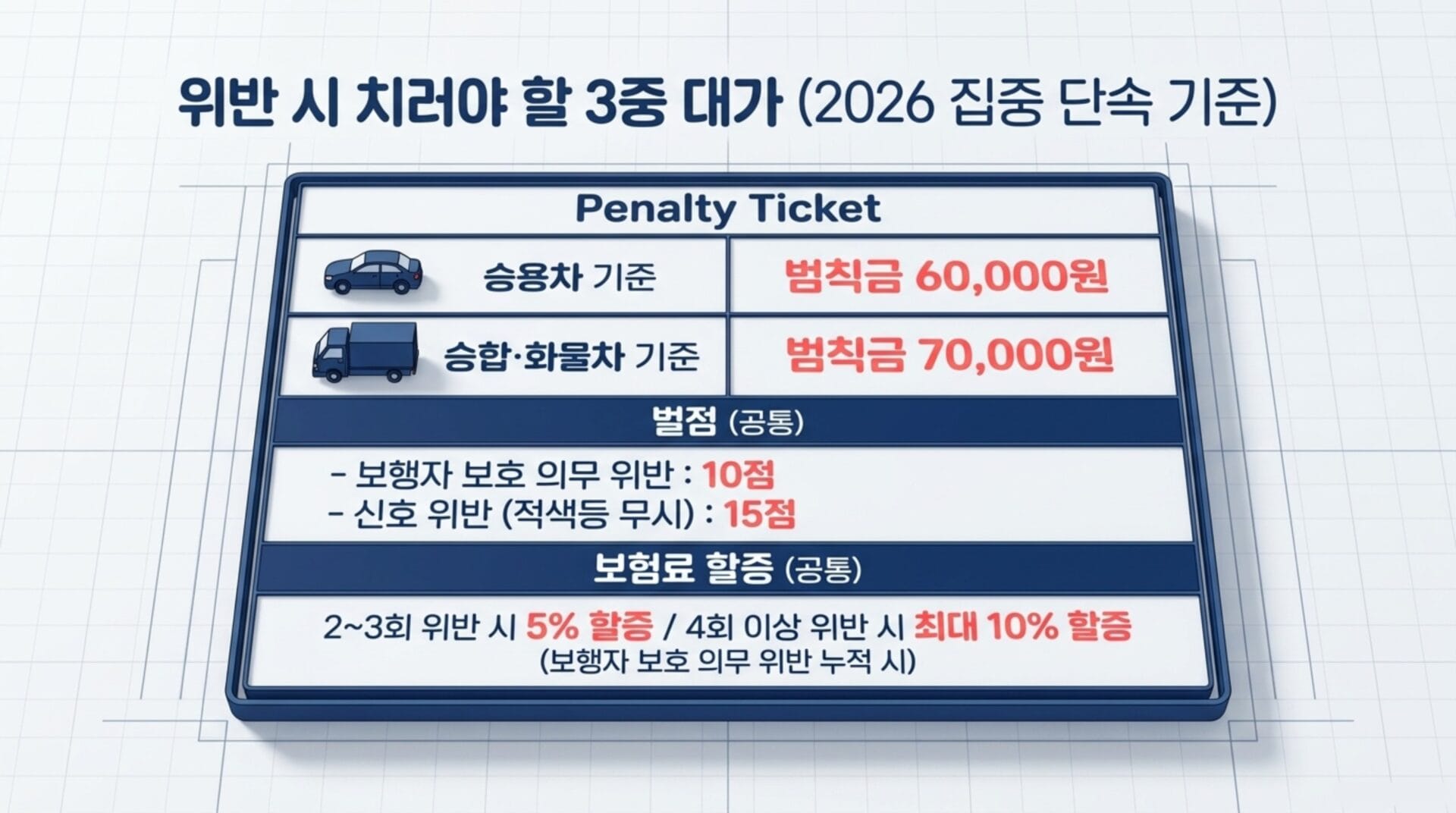 2026년 집중 단속 기준에 따른 위반 시 처벌 내용이 담긴 이미지. 승용차 기준 범칙금 60,000원, 승합 및 화물차 기준 범칙금 70,000원, 보행자 보호 의무 위반 시 10점, 신호 위반 시 15점 벌점 정보 포함. 2~3회 위반 시 5% 할인, 4회 이상 위반 시 최대 10% 할인