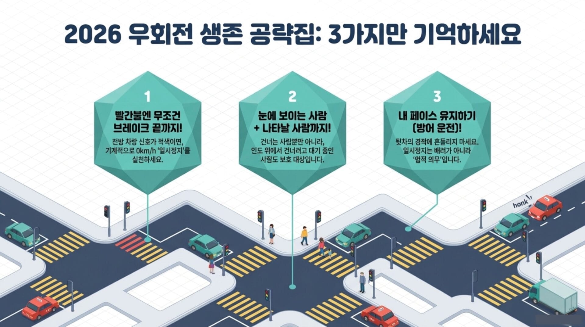 2026 우회전 생존 공략집의 세 가지 핵심 사항을 설명하는 이미지로, 빨간불에서의 안전한 대처, 보행자 및 주변 물체에 대한 주의, 차량 간의 안전한 거리 유지를 강조하고 있습니다.