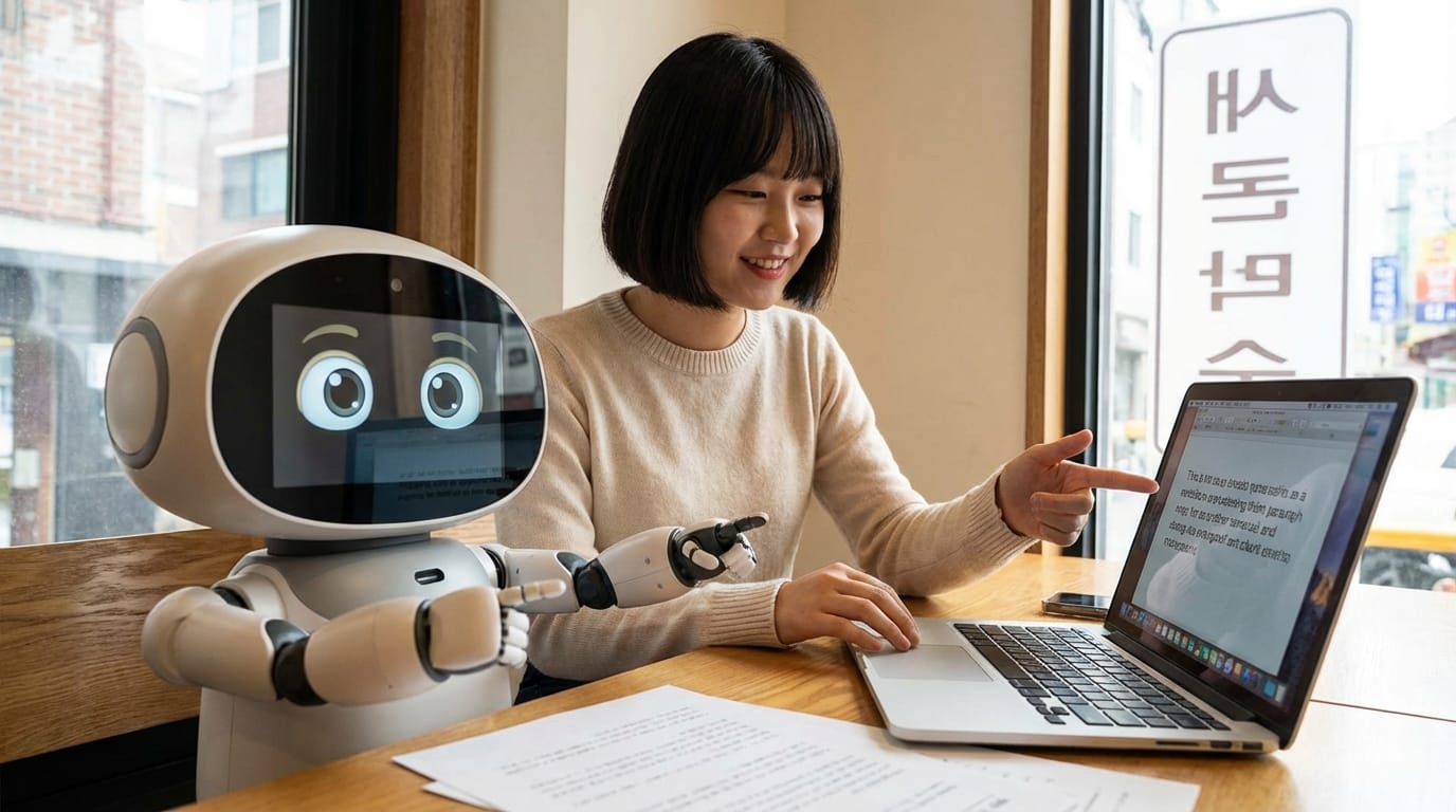 로봇과 함께 노트북 작업을 하는 여성의 모습, 카페에서 소통하며 협업하는 장면.