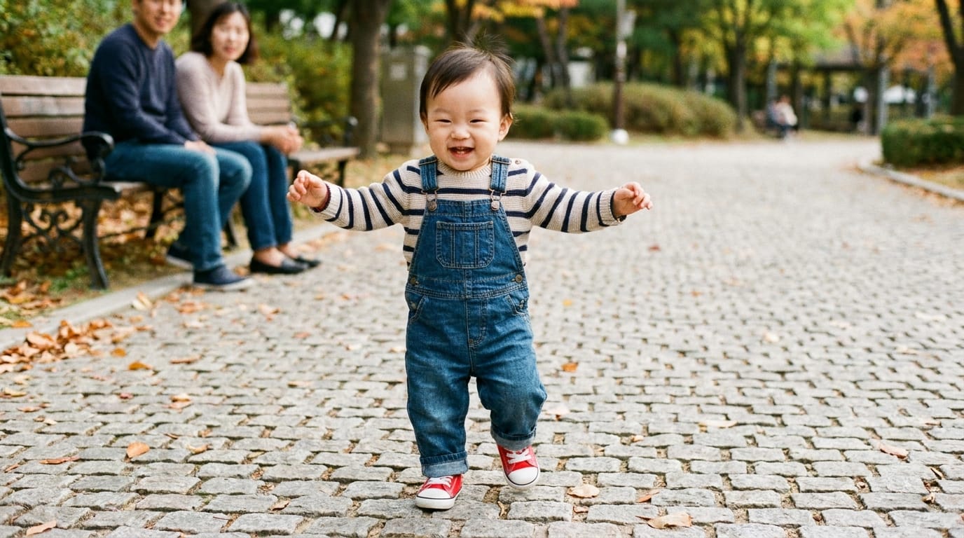 공원에서 신나게 뛰어다니는 아기, 청바지 오버롤과 스트라이프 스웨터를 입고 웃고 있는 모습. 배경에는 나무와 벤치가 보이며, 가을의 풍경이 느껴진다.