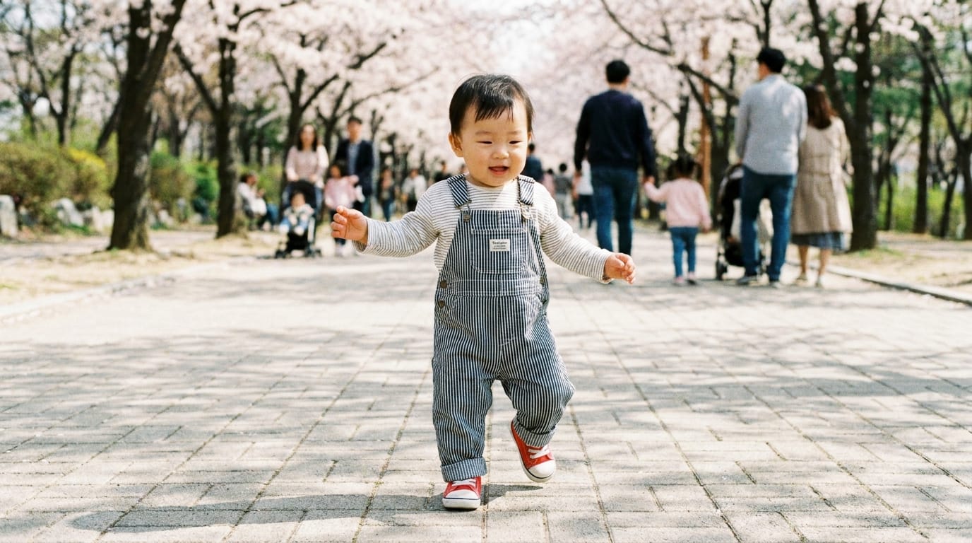 벚꽃이 만개한 공원에서 신나는 표정으로 걷고 있는 아기, 스트라이프 오버롤을 입고 빨간 운동화를 신고 있으며, 배경에는 가족들과 다른 방문객들이 산책하고 있는 모습이 보임.