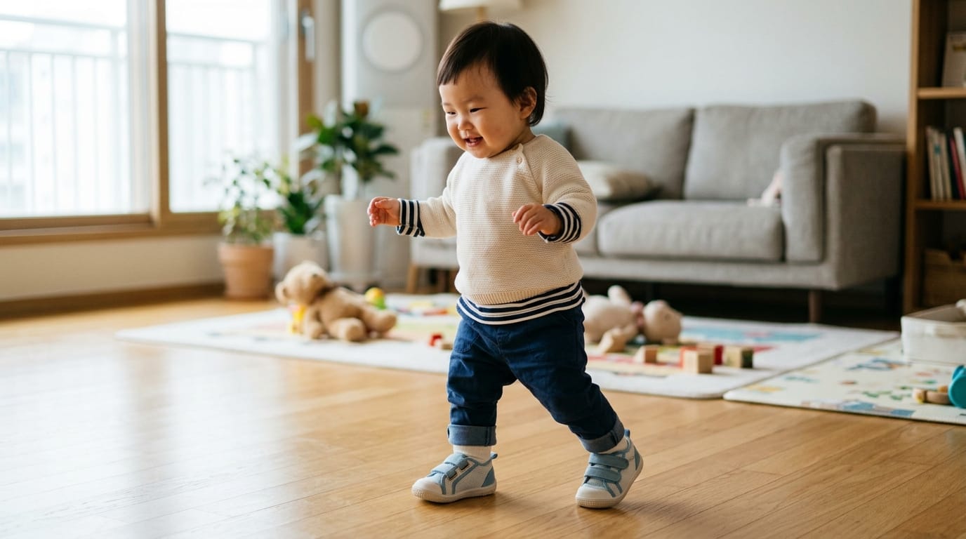 아이가 거실에서 행복하게 걷고 있는 모습, 편안한 옷차림과 신발을 신고 있으며, 주변에는 장난감과 식물이 있는 아늑한 환경.