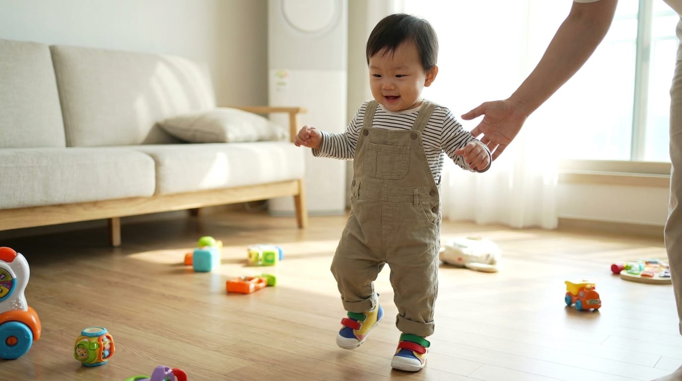 아이가 장난감이 있는 방에서 걷고 있는 모습, 부모의 손을 잡고 즐거워하는 장면. 밝은 실내에서 아기와 장난감이 어우러진 따뜻한 분위기.