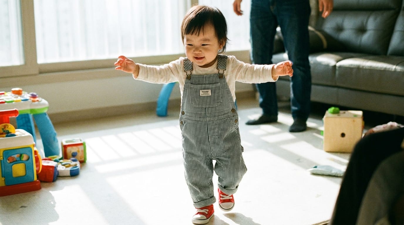 어린아이가 장난감이 있는 방에서 걸어가고 있는 모습. 아이는 줄무늬 멜빵바지를 입고 있으며, 밝은 표정으로 부모와 함께 놀이를 즐기고 있다.