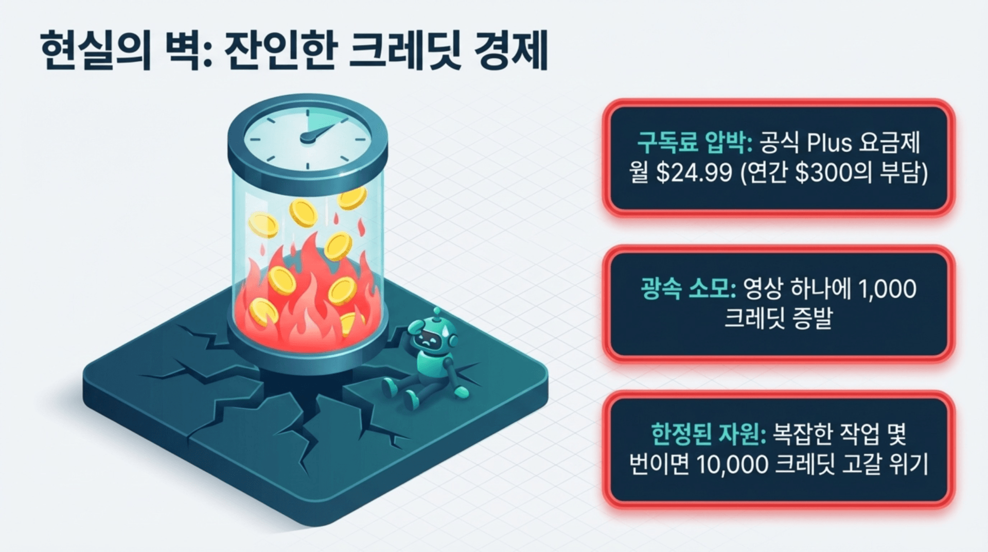 잔인한 크레딧 경제를 주제로 한 이미지로, 구독료와 광고 소모, 한정된 자원 문제를 설명하는 그래픽. 배경에는 불타는 동전과 부서진 바닥이 그려져 있으며, 크레딧 시스템의 복잡성을 나타냄.