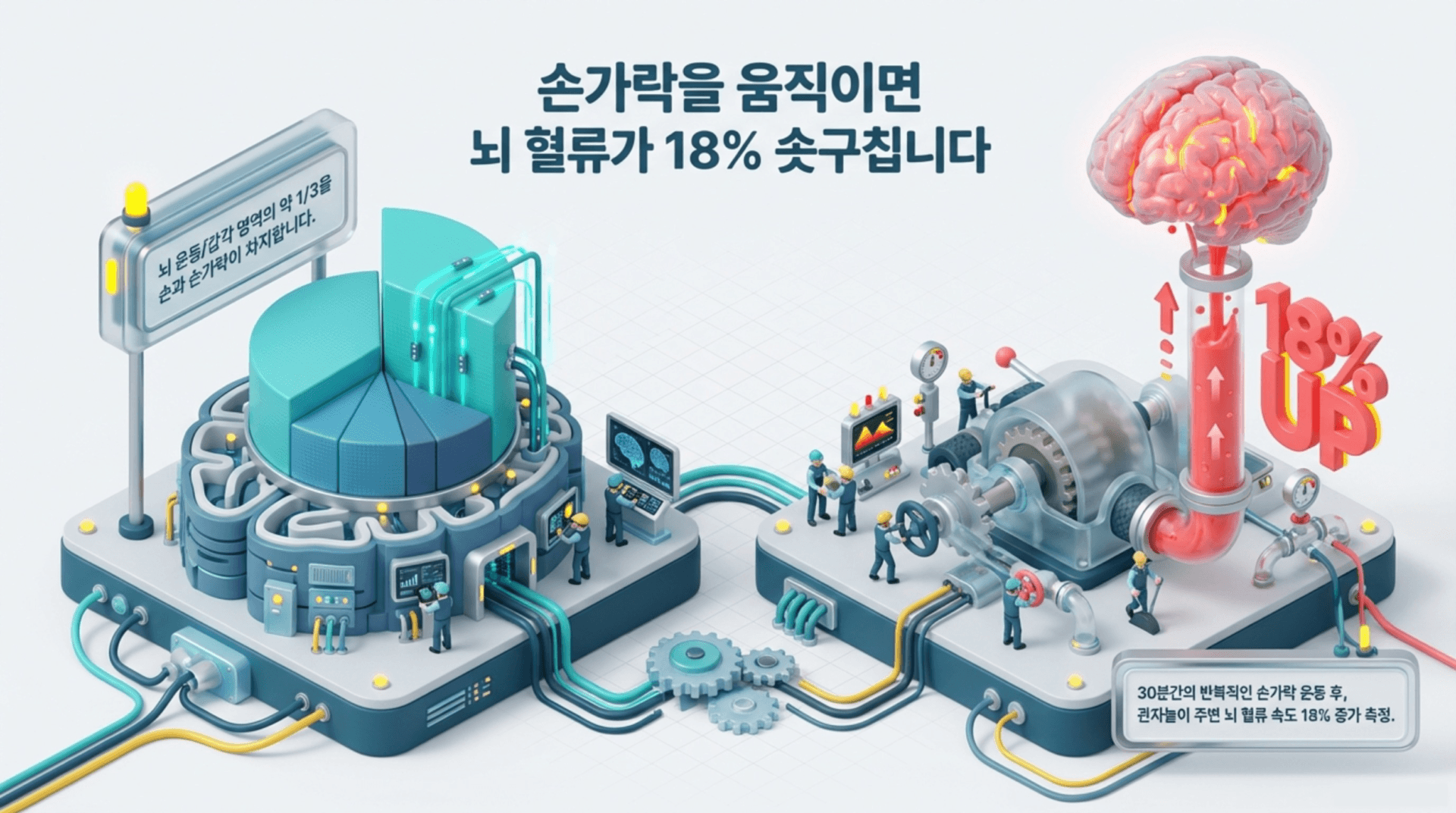 손가락을 움직이면 뇌 혈류가 18% 증가한다는 내용을 담은 인포그래픽. 손가락 운동과 뇌의 관계를 시각적으로 설명하고 있으며, 관련 데이터와 그래프가 포함되어 있다.