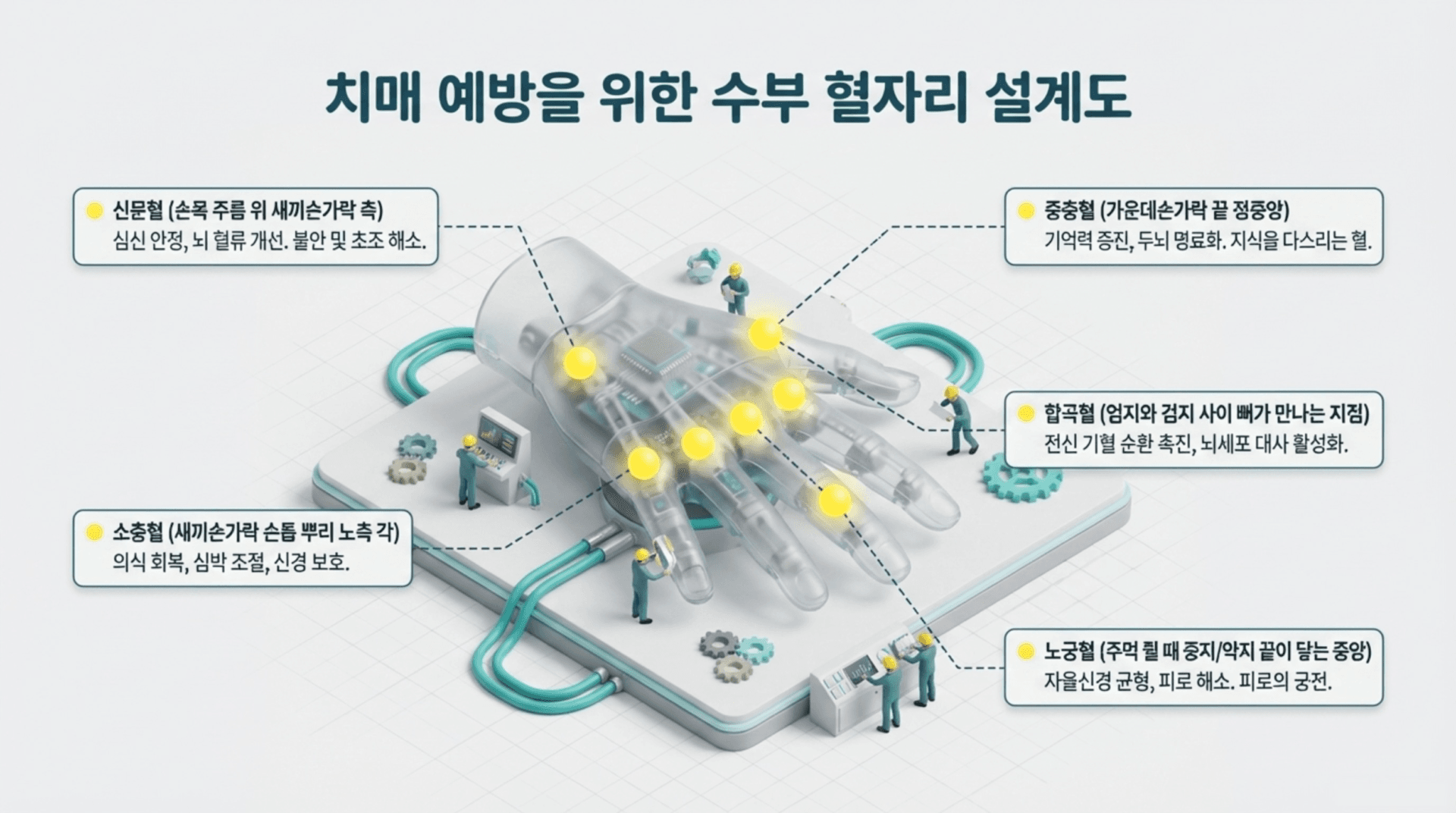 치매 예방을 위한 수부 혈자리 설계도, 손 모양의 그래픽에 다양한 혈자리와 그 기능 설명이 포함되어 있는 이미지. 각 혈자리는 심신 안정, 기억력 증진, 의식 회복 등 다양한 효과를 나타내며, 치매 예방에 도움을 주는 정보를 제공.
