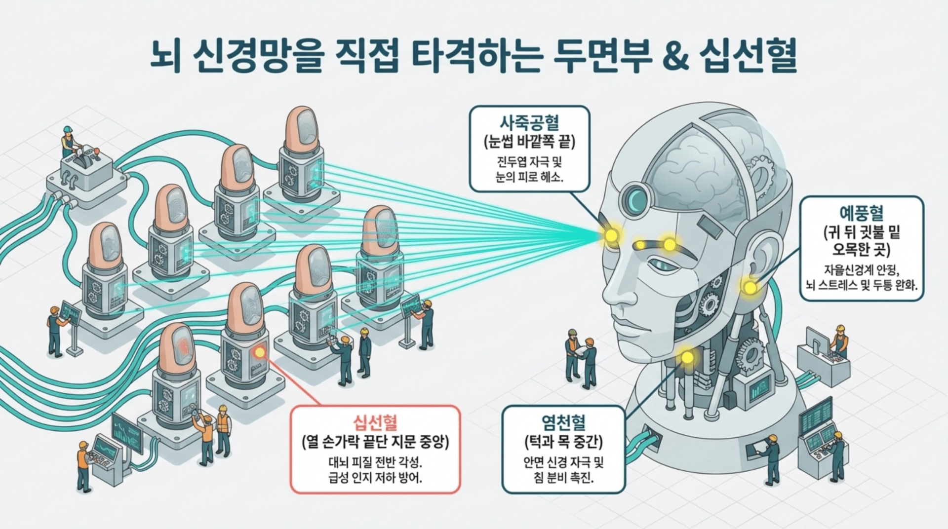 뇌 신경망을 직접 타격하는 두면부와 심선혈에 대한 인포그래픽. 다양한 치료 방법과 기술이 시각적으로 설명되어 있으며, 각 부위의 기능과 이점이 강조됨.