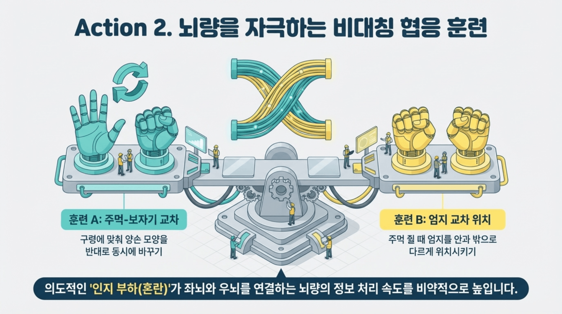 뇌 훈련 방법을 설명하는 인포그래픽으로, 좌측에는 주먹과 보자기를 교차시키는 훈련 A, 우측에는 엄지 교차 위치 훈련 B가 나타나 있습니다. 중앙에는 뇌와 손의 연결을 통해 정보 처리 속도를 높이는 내용을 담고 있습니다.