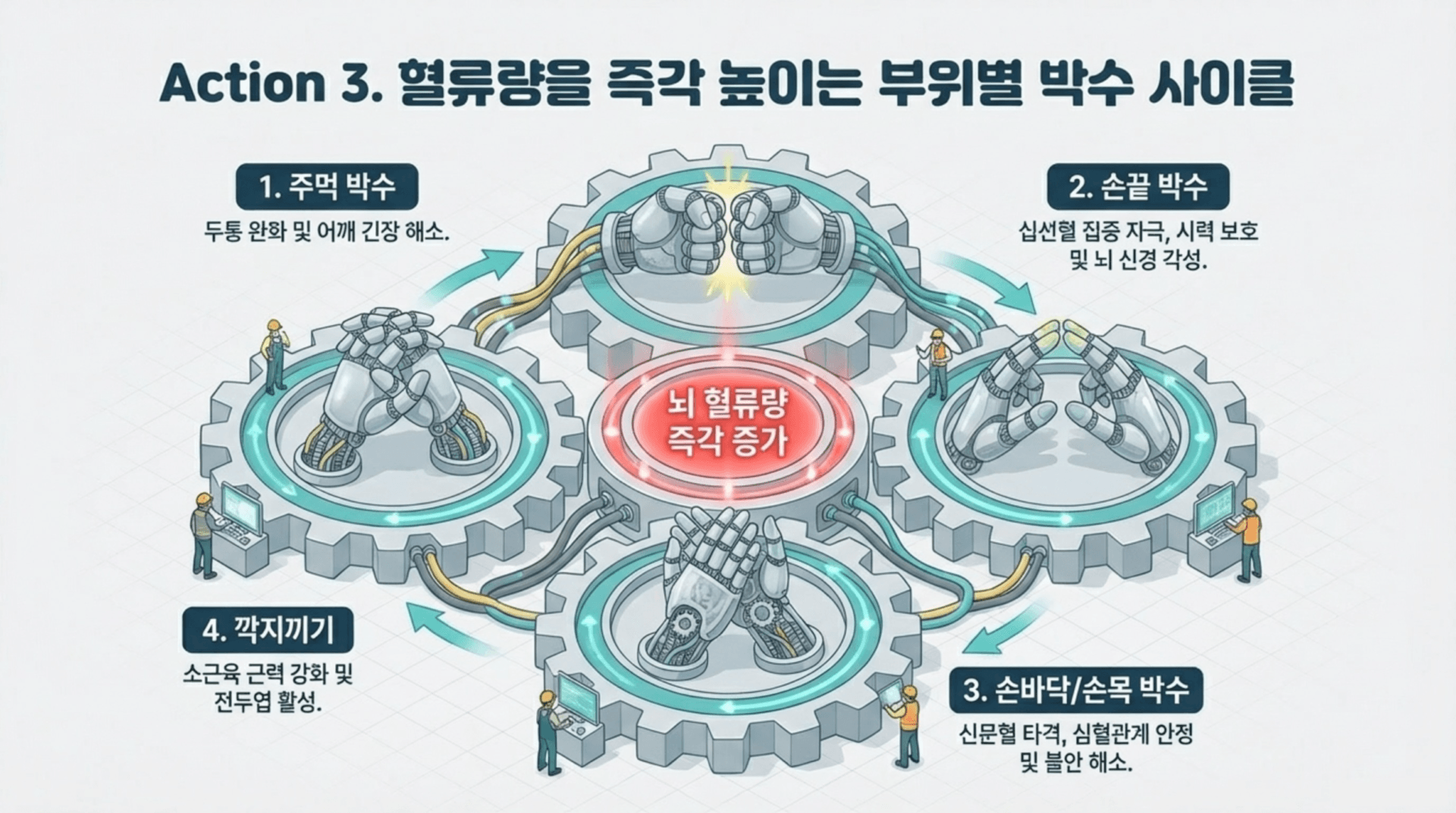 혈류량을 증각 높이는 부위별 박수 사이클 설명 이미지. 각 단계는 주먹 박수, 손끝 박수, 손바닥/손목 박수, 그리고 깍지끼기로 구성되어 있으며, 각 단계별 효과와 방법이 시각적으로 표현됨.