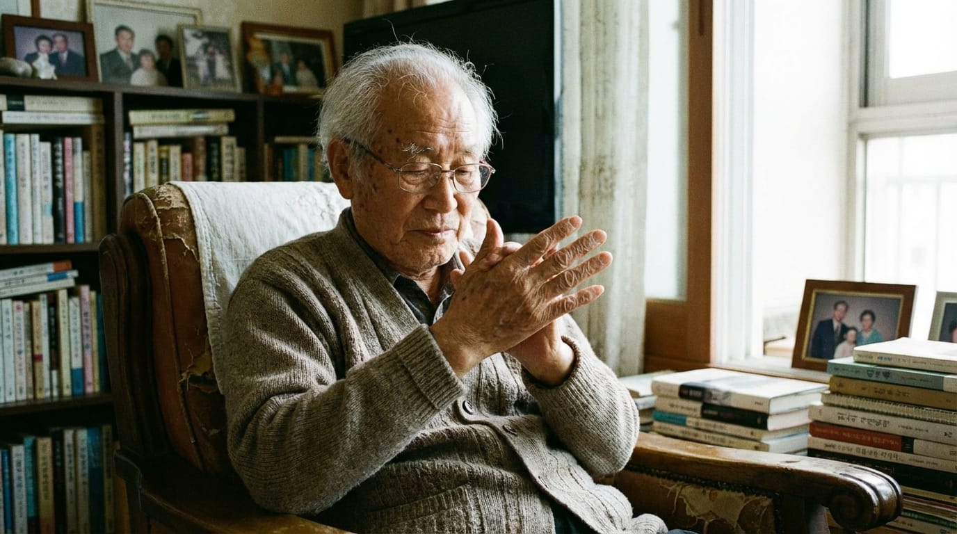 노인 남성이 책이 가득한 서재에서 깊은 생각에 잠겨 있는 모습. 그는 편안한 의자에 앉아 손을 모으고 있으며, 주변에는 가족 사진과 여러 권의 책이 놓여 있다.