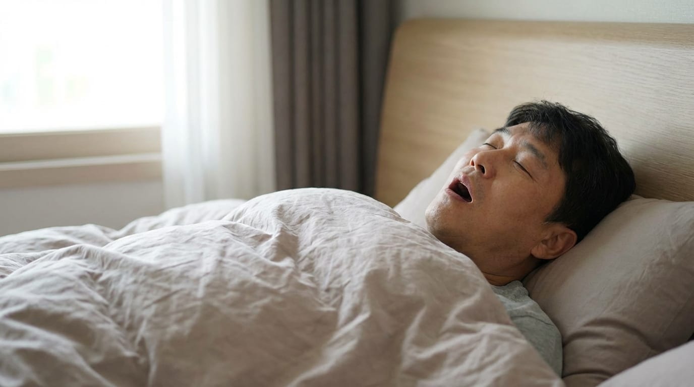침대에서 이불을 덮고 있는 남성이 편안하게 자고 있는 모습. 자연광이 비치는 방에서 깊은 잠에 빠져 있는 모습이 담겨 있습니다.