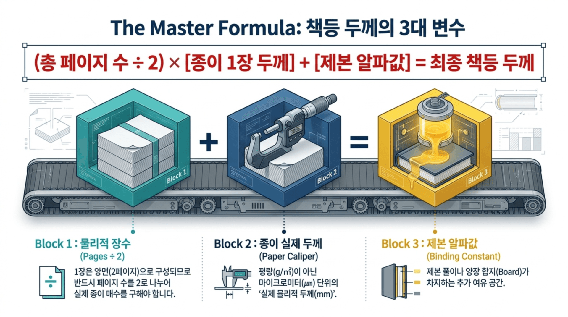 책등 두께 계산을 위한 마스터 공식 설명 이미지, 총 페이지 수와 종이 두께, 제본 알파값을 조합하여 최종 책등 두께를 구하는 방법을 시각적으로 나타냄. 각 블록은 물리적 장수, 종이 실체 두께, 제본 알파값을 설명함.