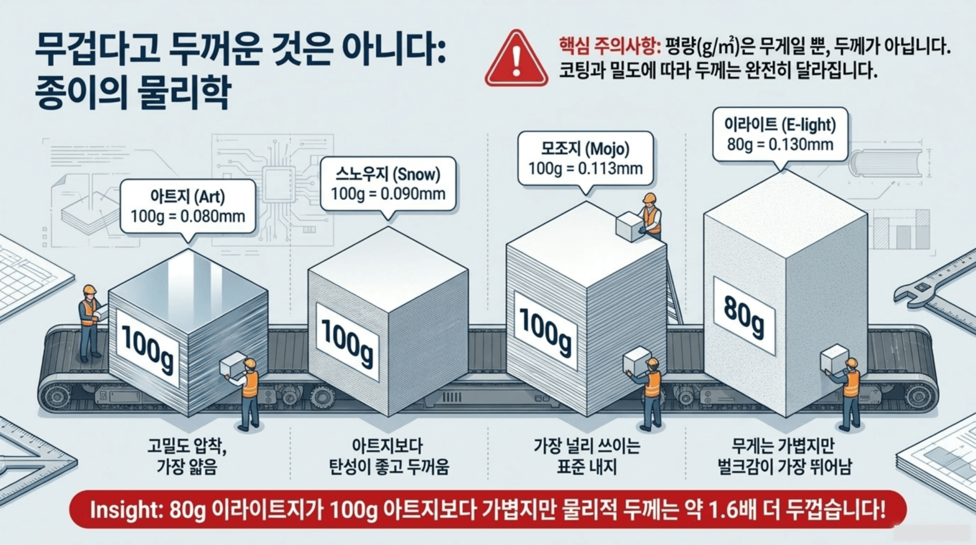 100g의 아트지, 스노우지, 모조지와 80g의 이라이트의 두께 비교를 설명하는 인포그래픽. 각 용지의 무게와 두께에 대한 정보가 포함되어 있으며, 아트지가 가장 얇고 이라이트가 가장 두꺼운 것을 보여줌.