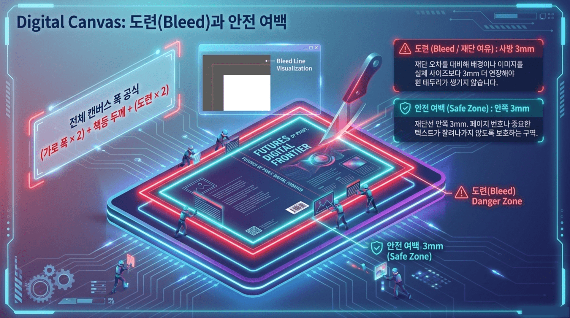 디지털 캔버스와 도련(블리드) 및 안전 여백에 대한 정보를 담고 있는 그래픽 이미지. 도련은 3mm로 설정되어야 하며, 안전 여백은 3mm로 페이지 변형 시 중요한 텍스트 보호를 위한 영역을 설명.