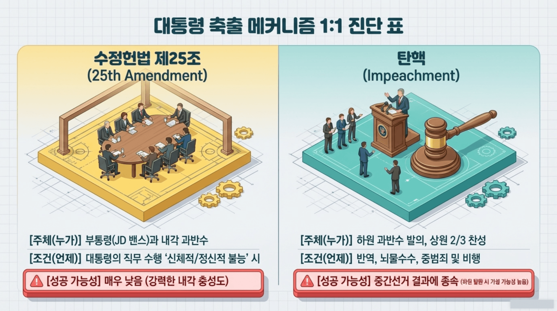 대통령 축출 메커니즘 1:1 진단 표, 미국 수정헌법 제25조와 탄핵 절차를 비교하여 설명. 수정헌법 제25조는 부통령과 내각 과반수의 동의로 대통령 직무 수행 능력 부족 시 적용되며, 성공 가능성이 낮음을 나타냄. 탄핵은 하원 과반수 발의와 상원 2/3 찬성을 요구하며, 성공 가능