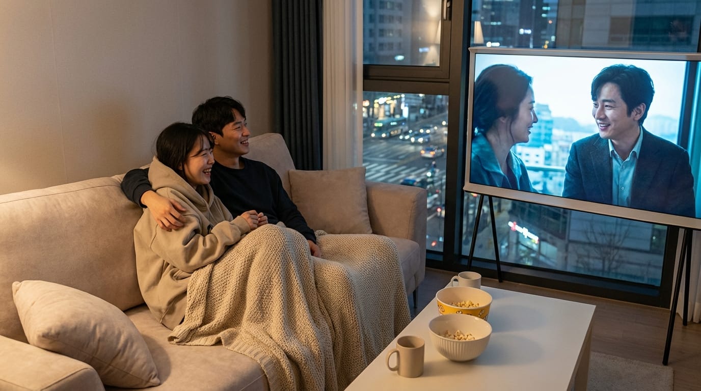 편안한 소파에 앉아 영화나 드라마를 감상하는 커플, 따뜻한 담요로 둘러싸여 있고, 테이블 위에는 팝콘과 음료가 놓여 있으며, 창 밖으로는 도시의 야경이 보이는 모습.