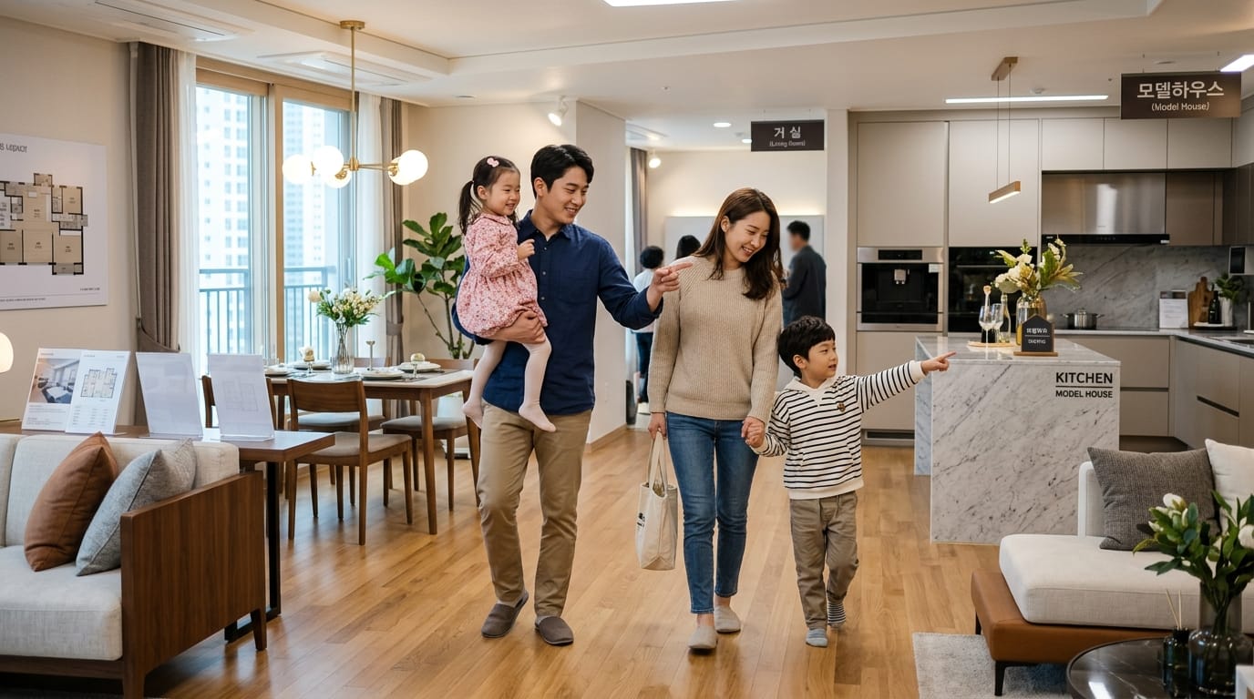 모델하우스 거실과 주방에서 가족 네 명이 밝게 웃으며 견학을 하며, 현대적인 인테리어와 아늑한 분위기가 돋보이는 장면.