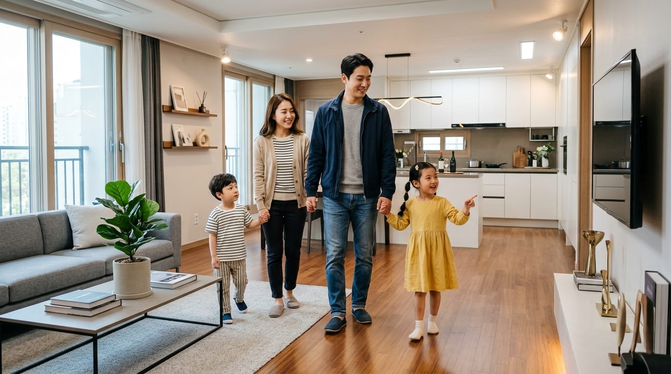 키워드: 가족, 아파트, 거실, 현대적 인테리어, 행복 모던한 아파트 거실에서 네 가족이 손을 잡고 즐겁게 걸으며 밝고 아늑한 분위기를 느끼는 장면.