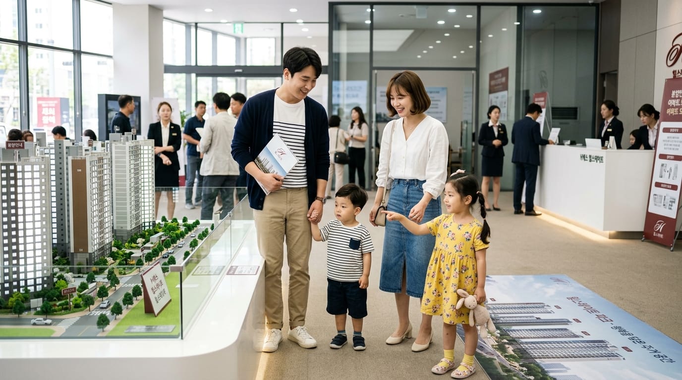 아파트 분양 홍보관에서 모형을 구경하며 밝게 웃는 가족, 현대적인 인테리어와 분양 상담중인 직원들로 활기찬 분위기 연출