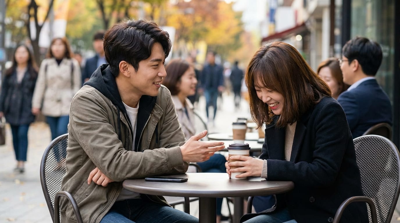 커피를 마시며 즐거운 대화를 나누는 젊은 남녀. 가을의 정취가 느껴지는 거리에서 사람들이 오가는 모습이 배경에 보인다.