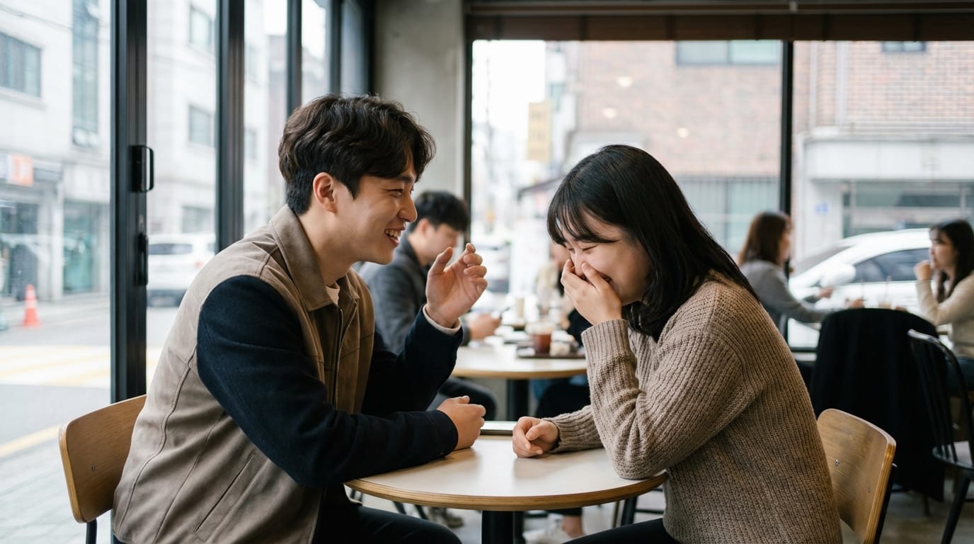 카페에서 대화하며 웃고 있는 젊은 남녀의 모습. 테이블에 앉아 서로에게 웃음을 지으며 즐거운 시간을 보내고 있는 장면. 배경에는 다른 손님들이 있는 카페 내부가 보인다.