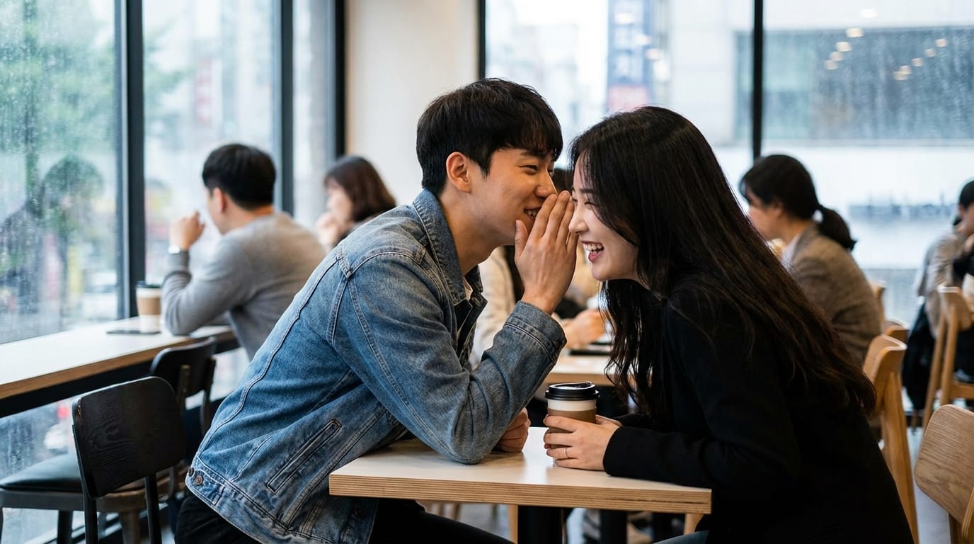 카페에서 서로에게 속삭이며 웃고 있는 젊은 커플의 모습. 배경에는 다른 손님들이 앉아 있는 모습이 보이며, 창가로 비치는 빗방울이 분위기를 더하고 있다.