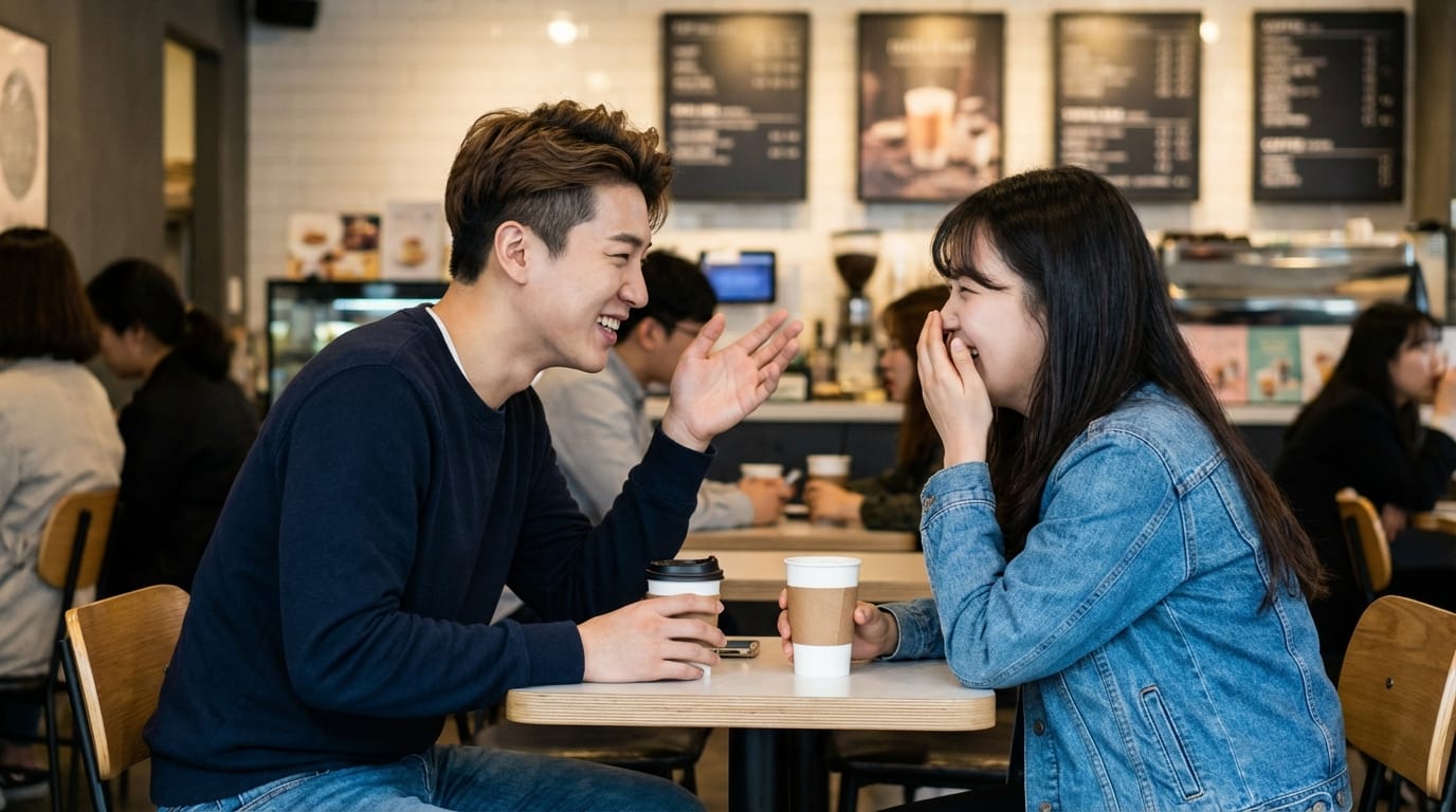 카페에서 커피를 마시며 즐겁게 대화하는 젊은 남성과 여성의 모습. 두 사람은 웃고 있으며, 주변에는 다른 손님들이 있는 모습이 보인다.