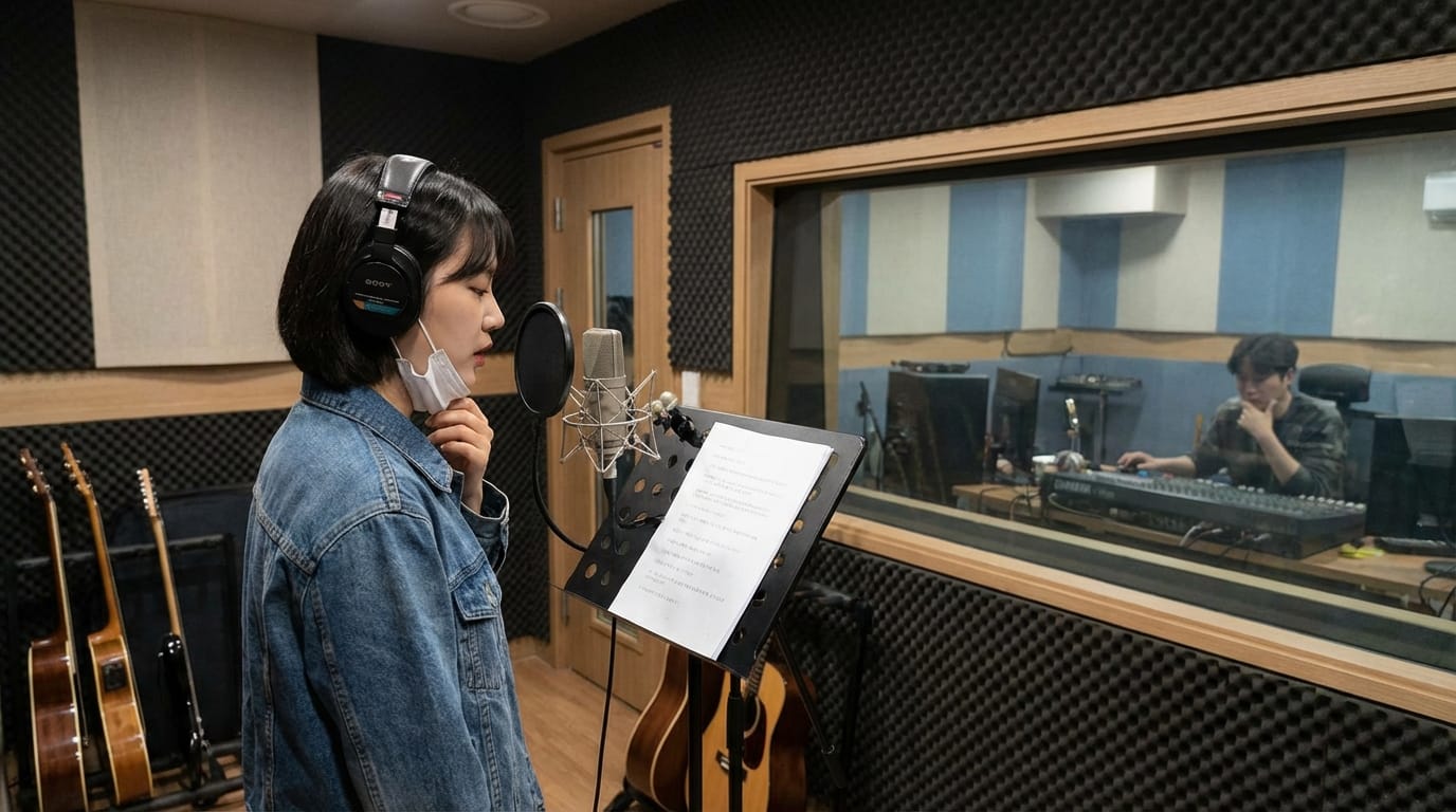 녹음 스튜디오에서 마이크 앞에 서 있는 여성, 헤드폰을 착용하고 가사를 확인하며 노래를 부르고 있는 모습. 스튜디오 내부에는 기타와 장비가 배치되어 있음.