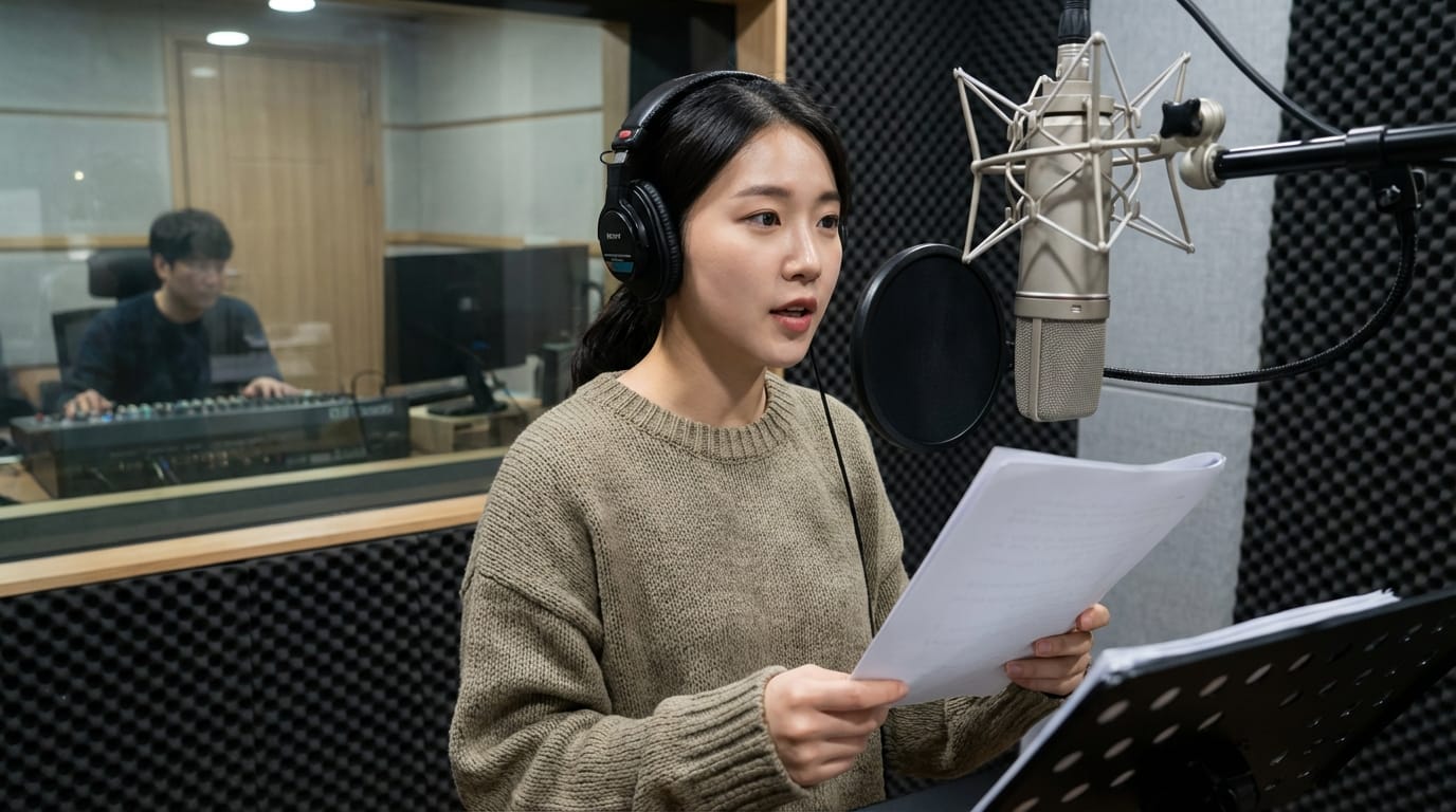 녹음 스튜디오에서 마이크 앞에 서서 대본을 읽고 있는 여성 보컬리스트와 믹싱 콘솔 앞에 앉아 있는 남성 엔지니어의 모습.