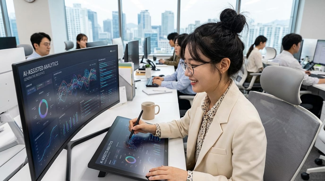사무실에서 데이터 분석을 수행하는 여성, AI 지원 분석을 위한 대형 모니터와 태블릿을 사용하여 그래프와 통계를 작성하고 있는 모습. 배경에는 여러 명의 동료들이 함께 작업 중인 모습이 보임.