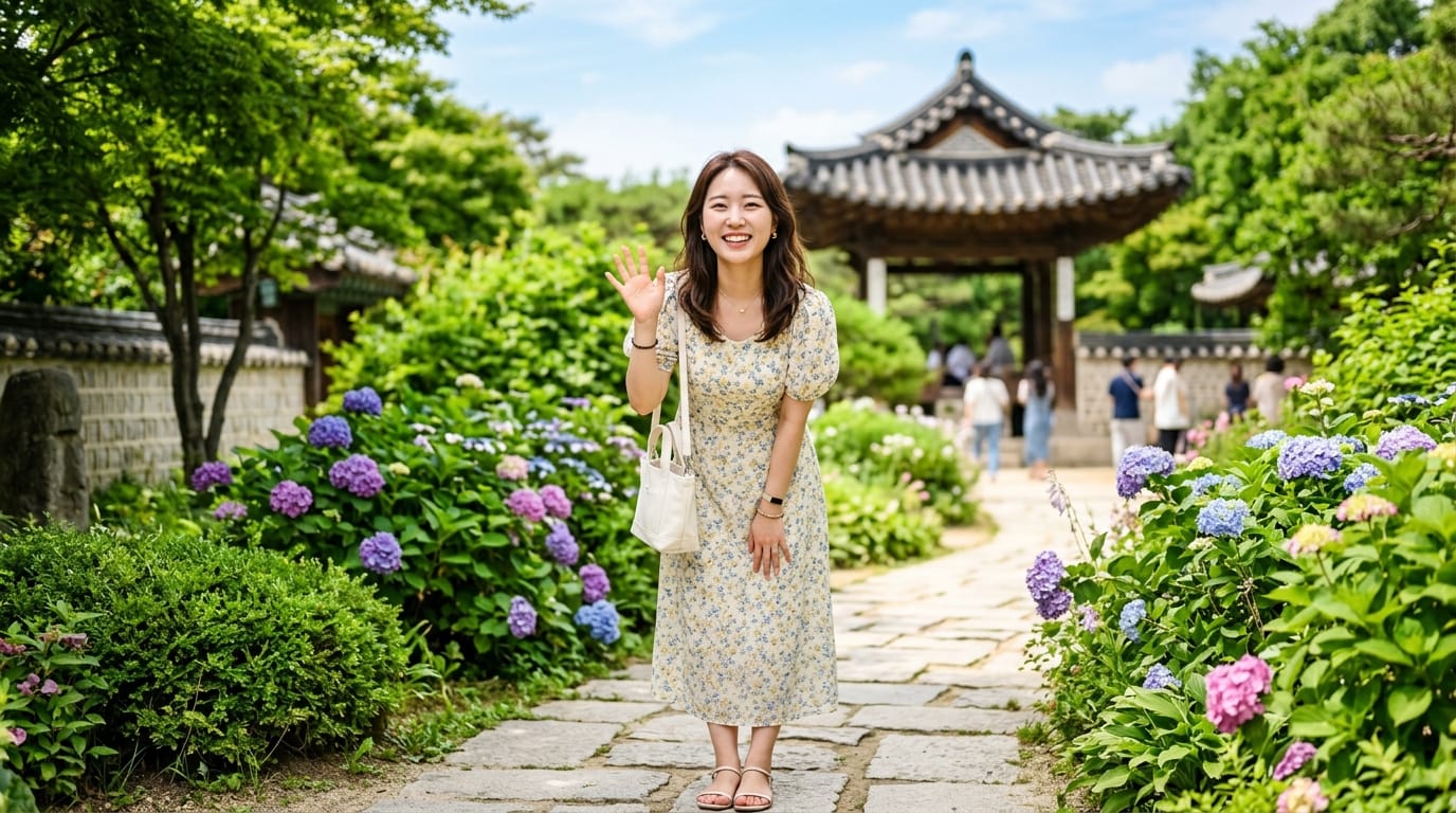 여름날의 아름다운 정원에서 미소를 지으며 손을 흔드는 여성의 모습. 다양한 색상의 수국이 만개한 정원과 전통 한옥이 배경으로 보이는 풍경.