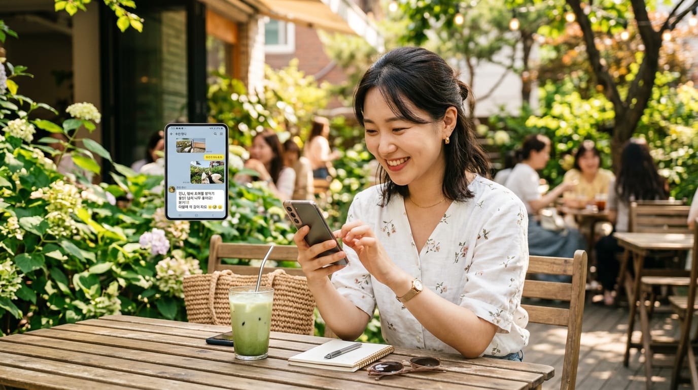 카페에서 스마트폰을 사용하며 웃고 있는 여성, 테이블 위에는 녹차 음료와 메모장이 놓여 있음. 배경에는 푸른 식물과 여러 사람들이 앉아 있는 모습이 보임.