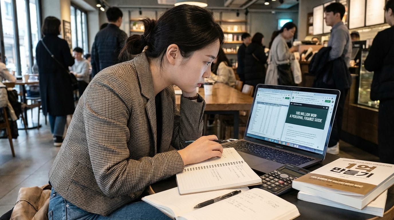 카페에서 노트북으로 공부하는 여성, 옆에 메모장과 계산기가 있으며, 주변에 다른 손님들이 있는 모습.
