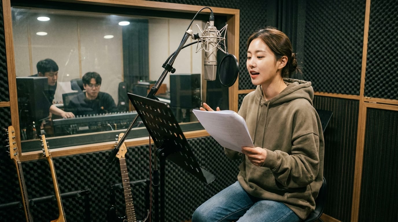 음성 녹음 스튜디오에서 스크립트를 읽고 있는 여성, 배경에는 두 명의 엔지니어가 믹싱을 하고 있는 모습이 보임. 스튜디오 내부는 방음 처리되어 있음.