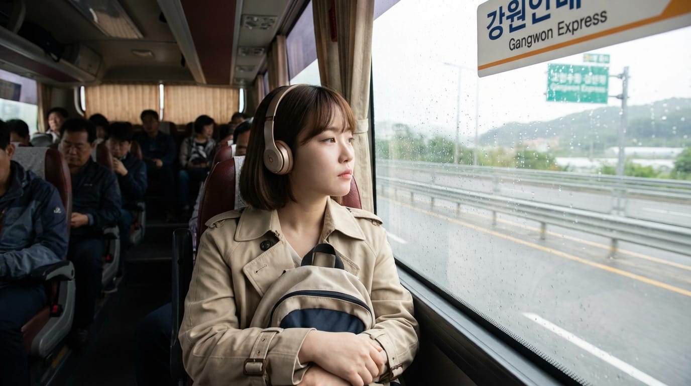 여자 여행객이 헤드폰을 끼고 버스 창밖 빗방울을 바라보며 강원도 가는 고속버스 안에서 사색에 잠겨 있는 모습