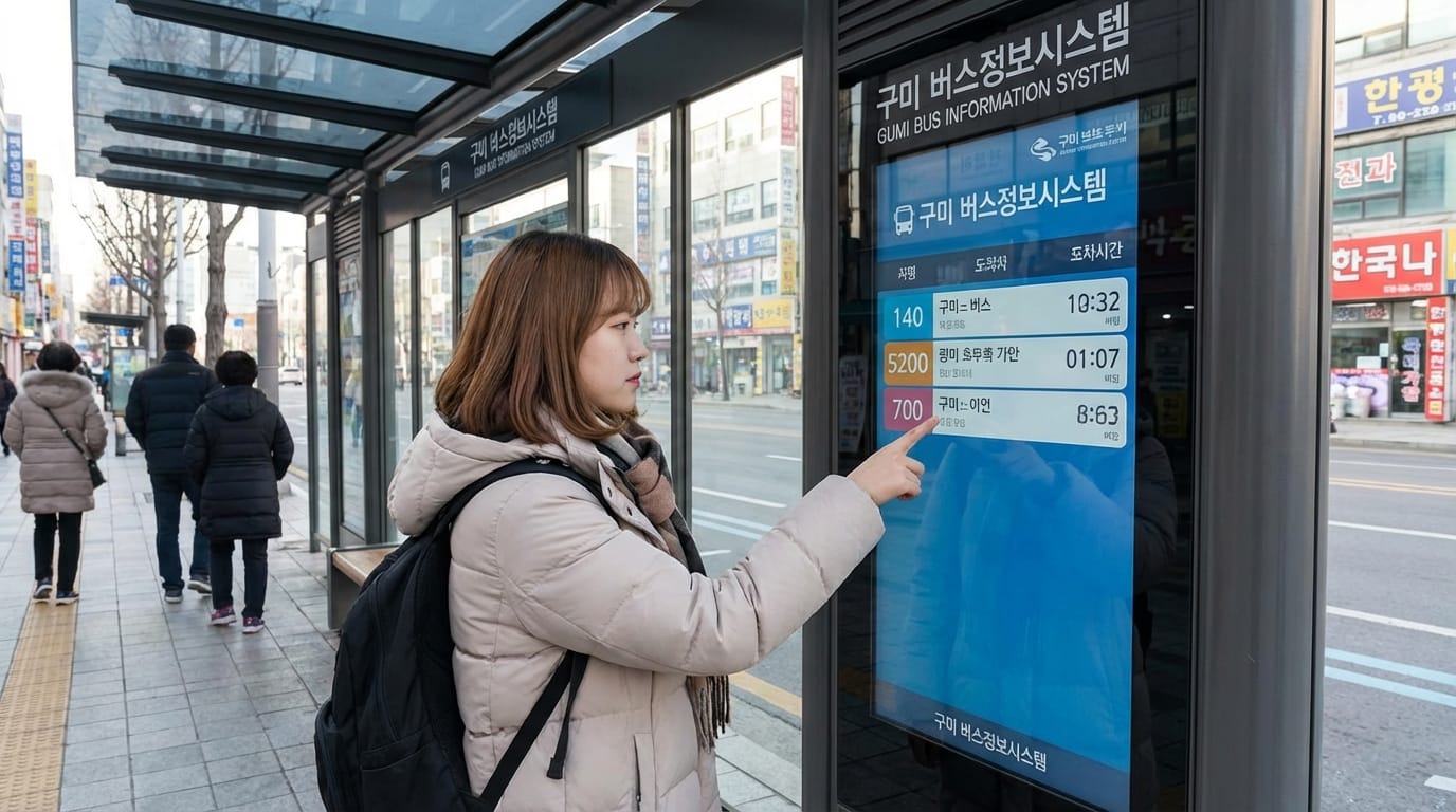구미 시내 버스정류장에서 젊은 여성이 버스정보시스템 터치스크린을 이용해 도착정보를 확인하며 겨울철 패딩을 입은 보행자들이 지나가는 거리 모습