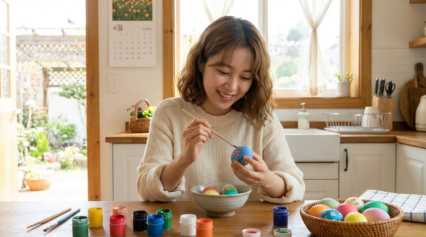 봄철 계란 꾸미기를 즐기는 젊은 여성, 다양한 색상의 물감과 붓이 놓인 테이블에서 행복한 표정으로 계란을 색칠하고 있습니다. 배경에는 따뜻한 자연광이 비치고, 창가에는 식물이 놓여 있습니다.