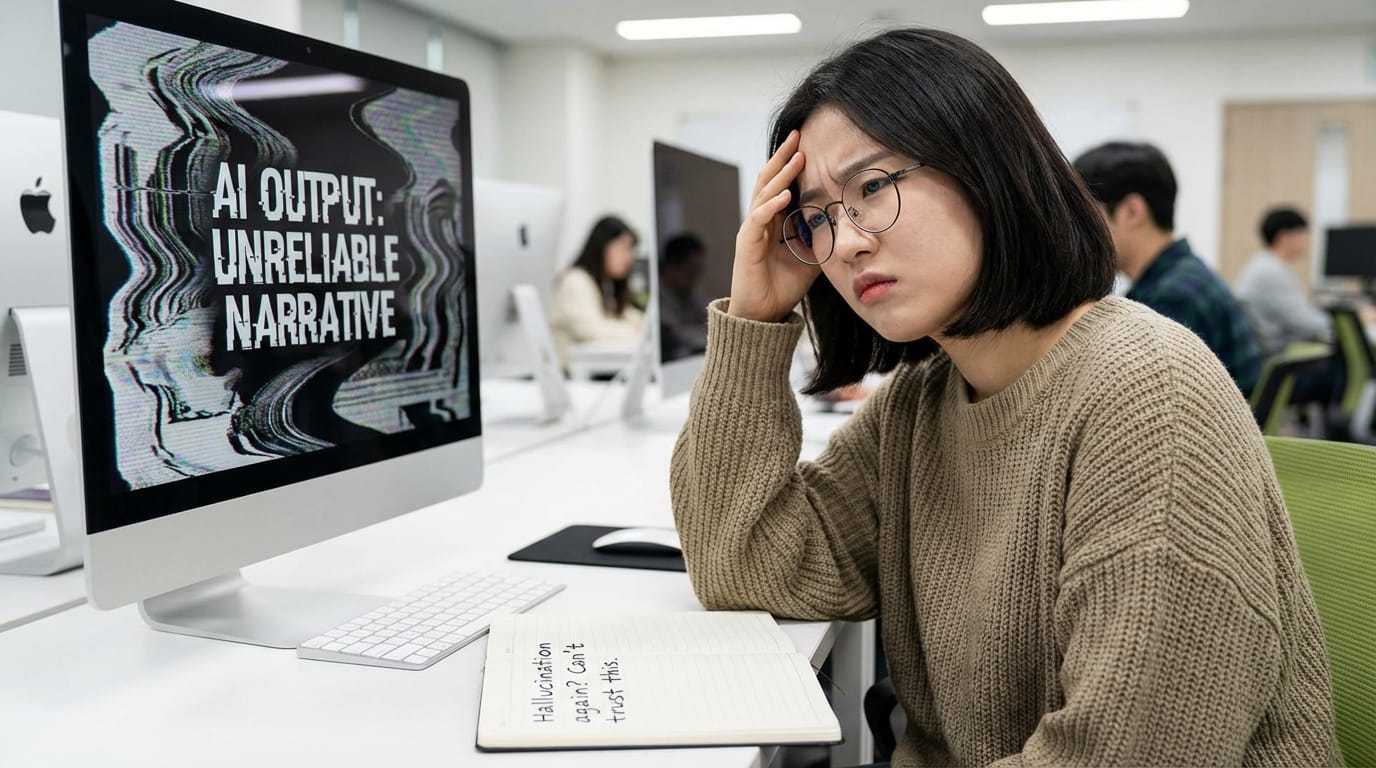 AI 출력의 신뢰성 문제를 고민하는 여성, 컴퓨터 화면에 'AI OUTPUT: UNRELIABLE NARRATIVE'라는 글자가 표시되어 있음. 노트에 '환각 또? 믿을 수 없어'라고 적혀 있음.
