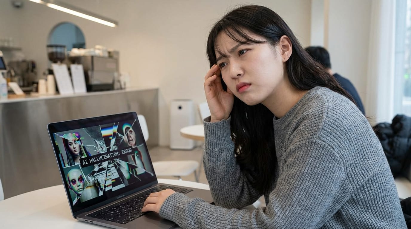 AI 환각 오류에 대해 고민하는 여성의 모습, 카페에서 노트북을 사용하며 스트레스를 받는 모습이 담긴 이미지.