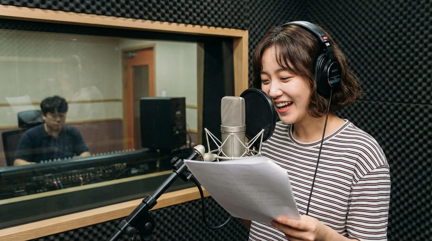 녹음 스튜디오에서 마이크 앞에 서 있는 여성, 헤드폰을 착용하고 웃으며 대본을 읽고 있는 모습. 배경에는 남성 엔지니어가 보이고, 음향 장비가 배치되어 있는 환경.