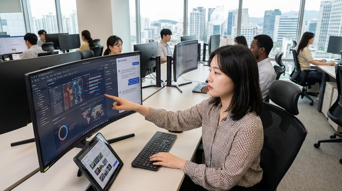 사무실에서 컴퓨터 작업을 하는 여성 직원이 데이터 분석 소프트웨어를 사용하고 있으며, 여러 대의 모니터와 함께 협업하는 모습.