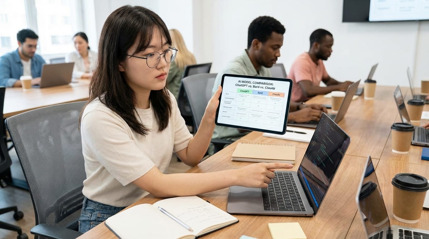 회의 중 태블릿과 노트북을 사용하여 AI 모델 비교를 설명하는 여성. 배경에는 다른 참가자들이 앉아 있으며, 각각의 노트북에서 작업 중이다.