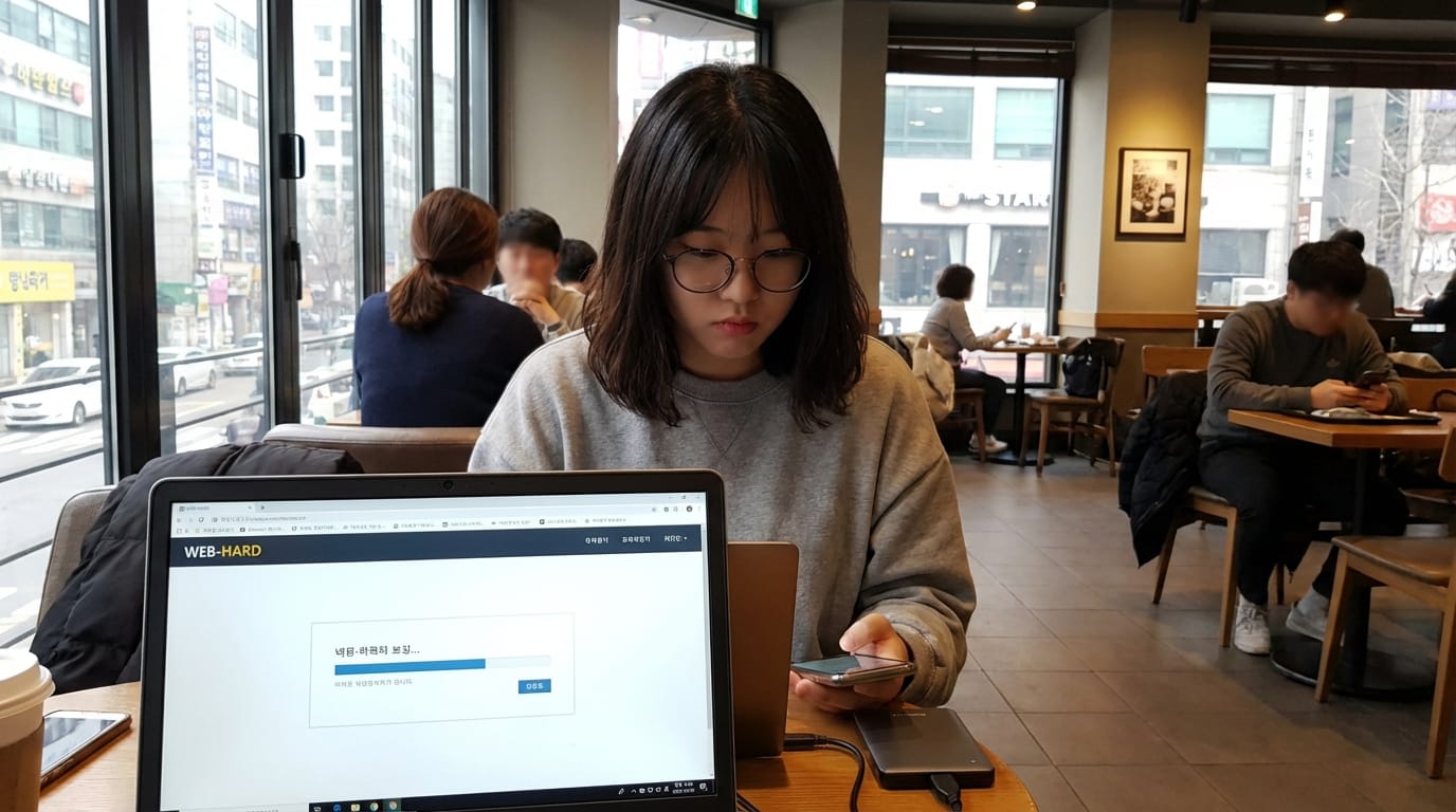카페에서 노트북으로 작업 중인 젊은 여성. 화면에는 웹사이트 로딩 중인 모습이 보이며, 그녀는 스마트폰을 사용하고 있다. 주변에는 다른 손님들이 있는 모습이 담겨 있다.