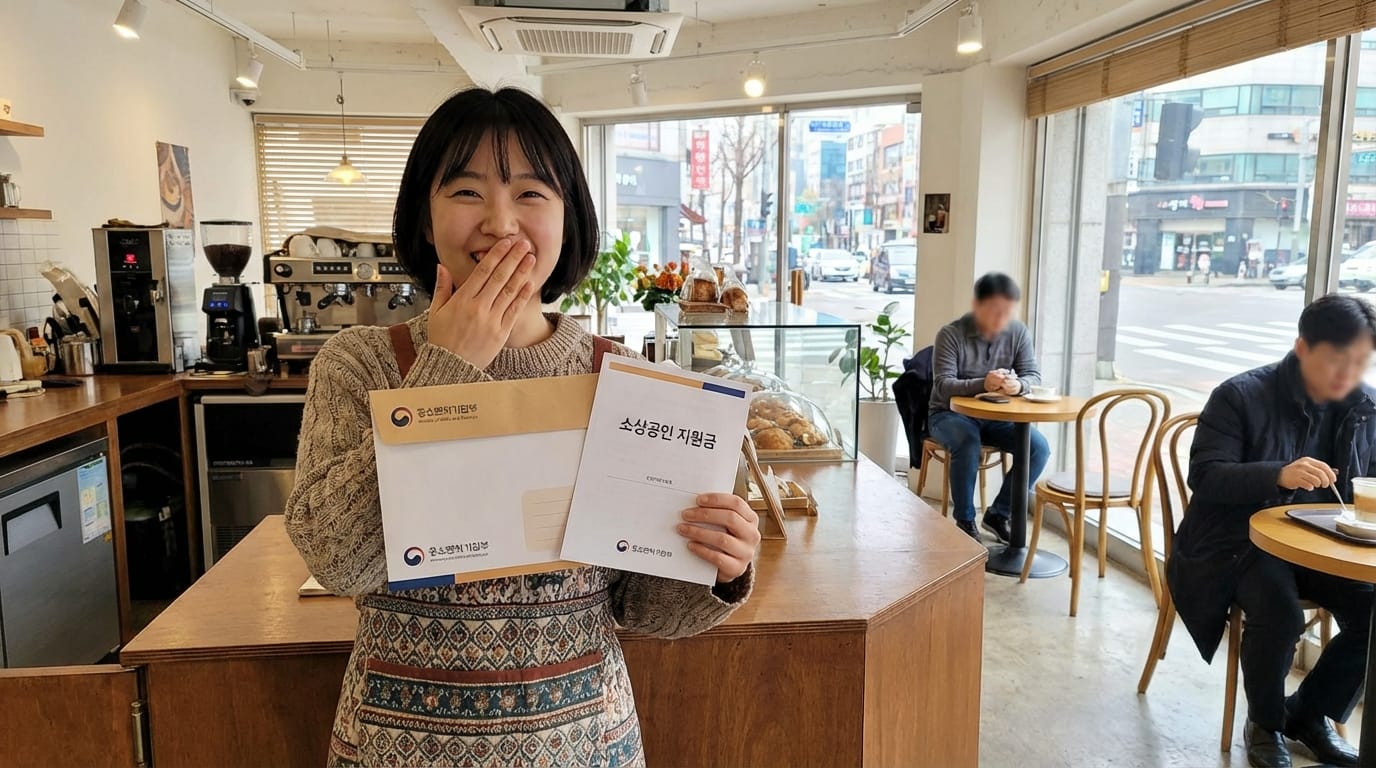카페에서 소상공인 지원금 서류를 들고 웃고 있는 여성, 배경에는 다른 손님들이 있는 아늑한 카페 내부.
