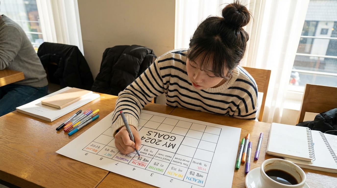 2024년 목표를 설정하는 여성, 다양한 색상의 마커로 계획을 작성 중. 카페에서 집중하며 작업하는 모습. 테이블 위에는 노트북과 커피가 놓여 있음.