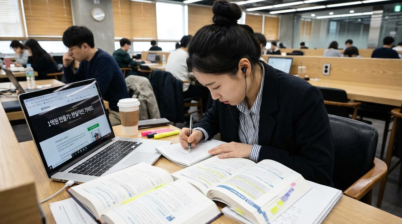 도서관에서 공부하는 여성, 노트북과 여러 책을 사용하며 필기를 하고 있는 모습. 주변에는 다른 학생들도 집중해서 공부하고 있는 환경.